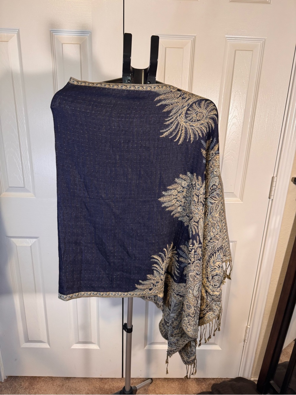Navy Blue and Gold Paisley Woven Throw with Cream Accents Reversible